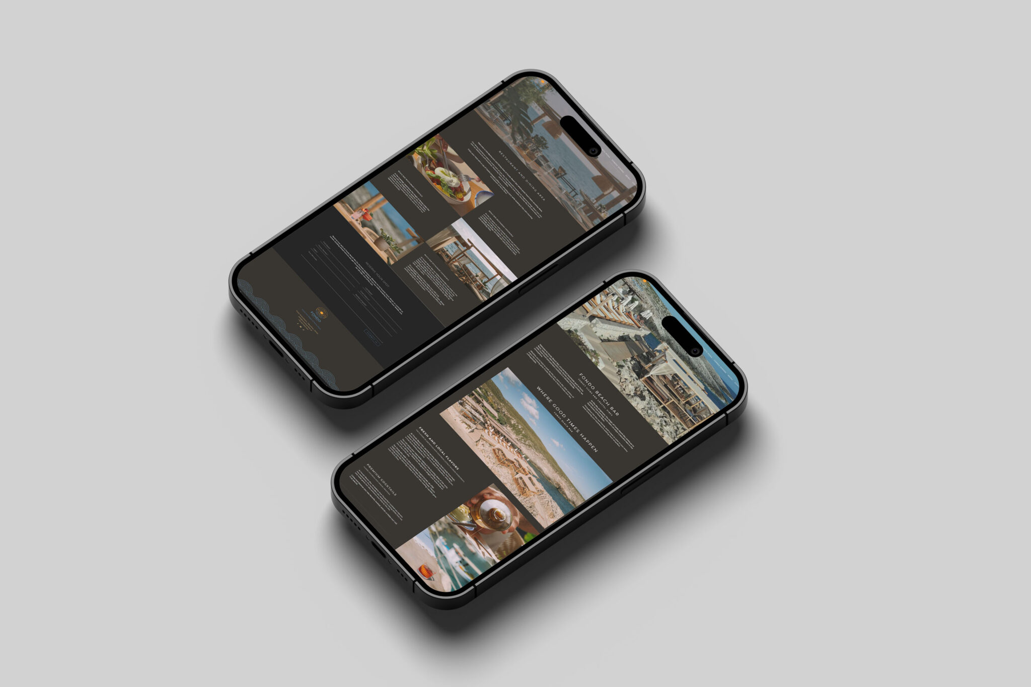 Fondo Beach Bar homepage displayed on a mobile device, featuring a full-screen video and call-to-action.