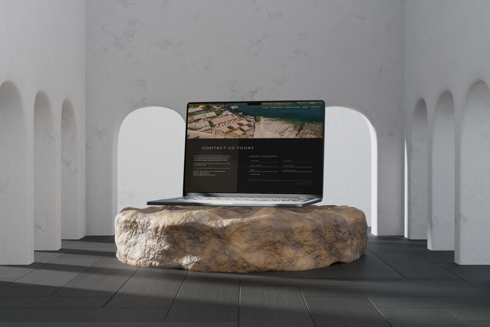 Fondo Beach Bar’s contact page on a mobile device, displaying the location, phone number, and email.