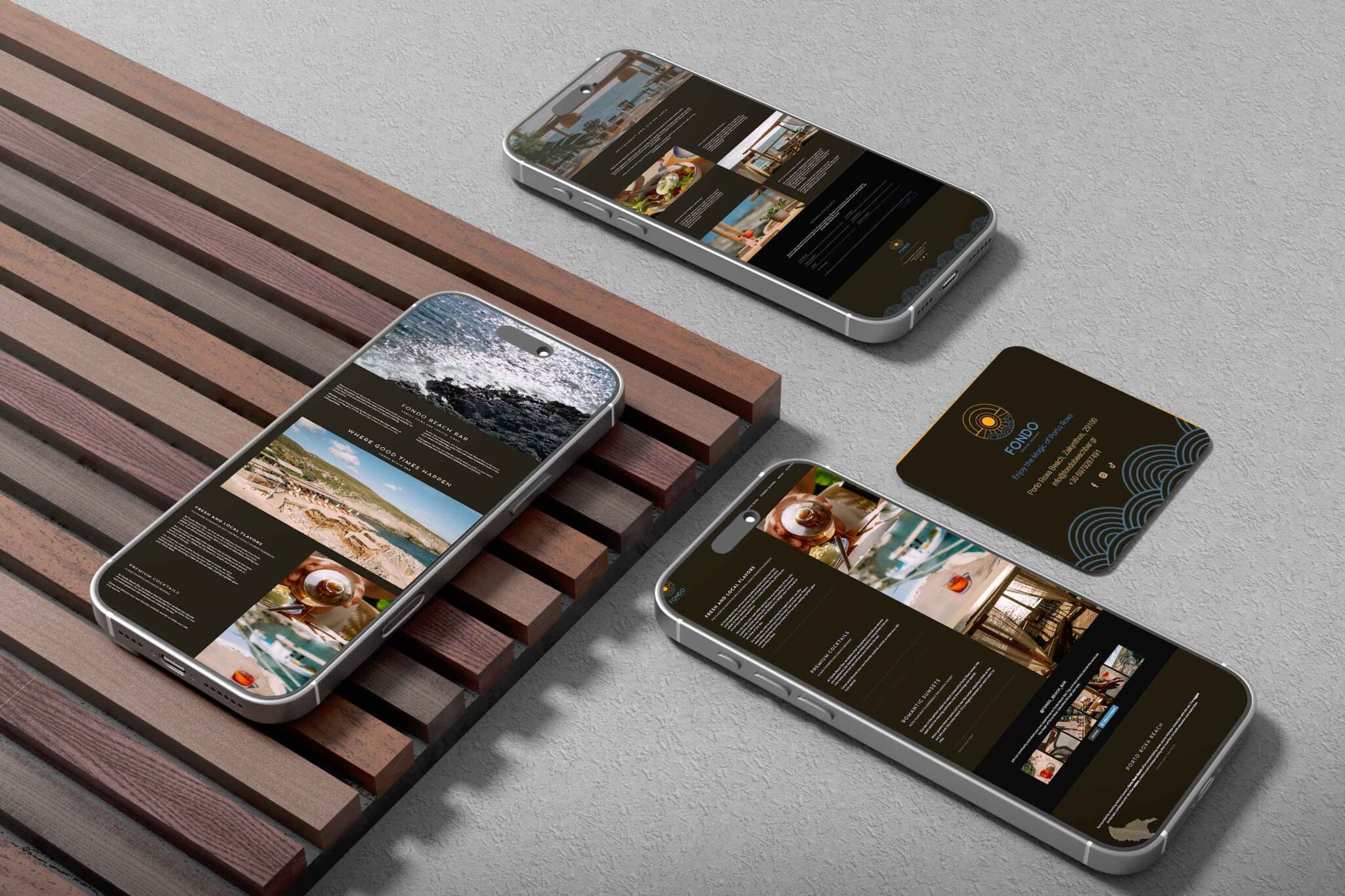 Fondo Beach Bar website displayed on a mobile phone screen, showing its responsive design.